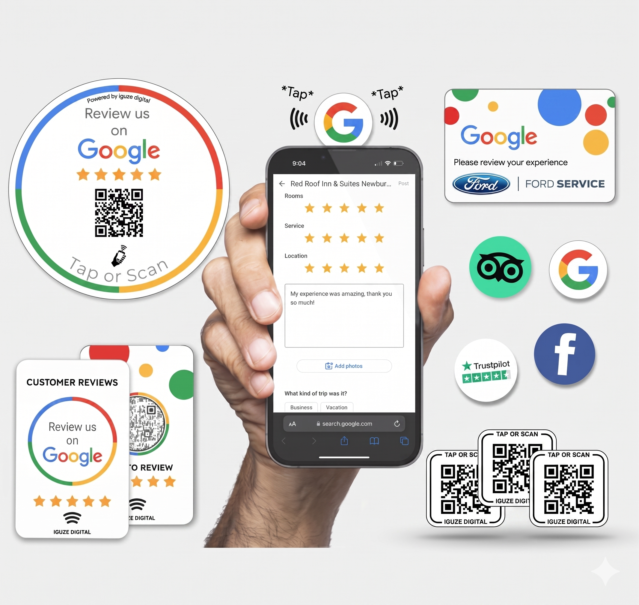 Iguze Digital Review Cards — Tap or Scan to leave a Google review